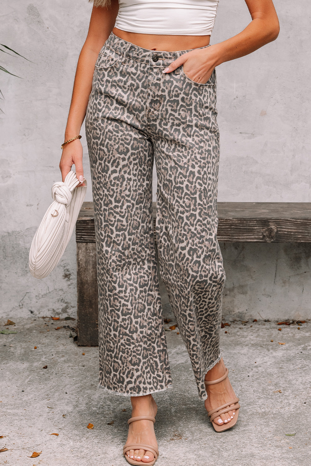 Brianna Leopard Frayed Edge Wide Leg High Waist Jeans