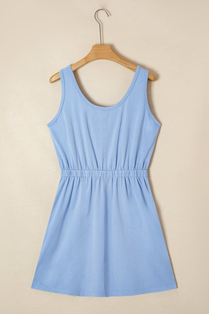 Sky Blue Mineral Wash Elastic Waist Tank Dress with Side Pockets