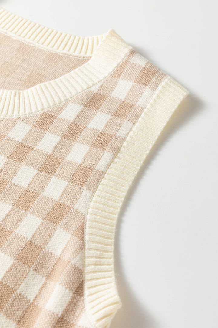 Khaki Gingham Plaid Knit Detachable Shawl Wrap Sweater Tank Top