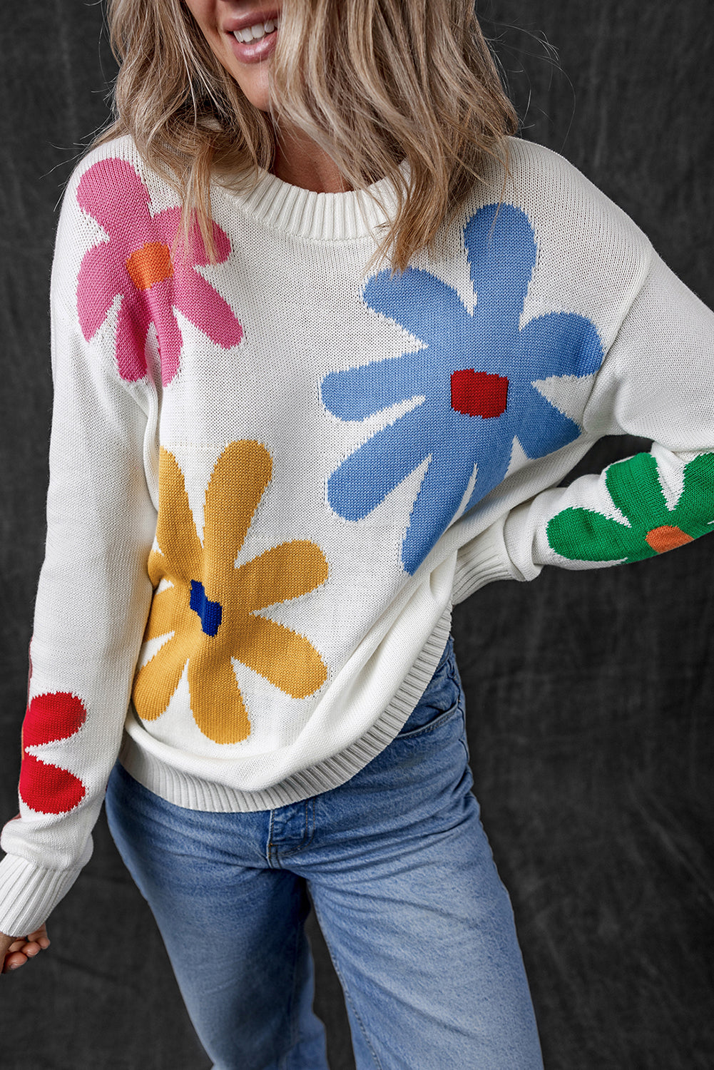 White Colorful Big Flower Pattern Crewneck Sweater