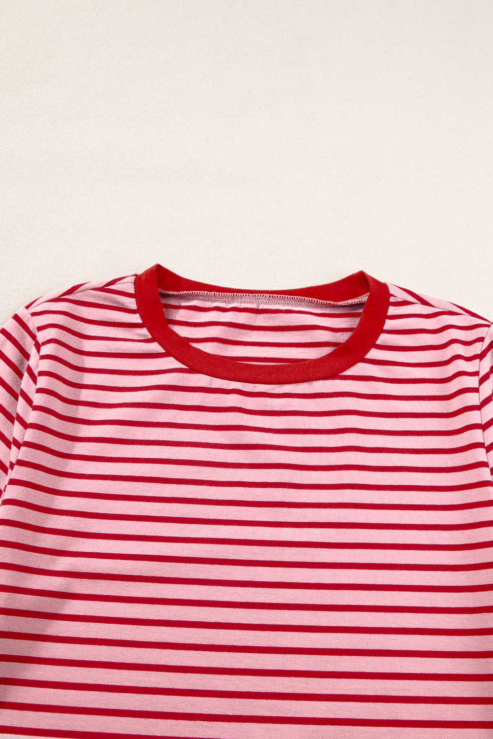 Pink Stripe Crew Neck Casual T Shirt