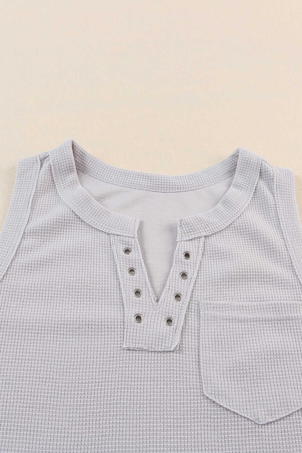 Gray Notched Neck Eyelet Thermal Knit Tank