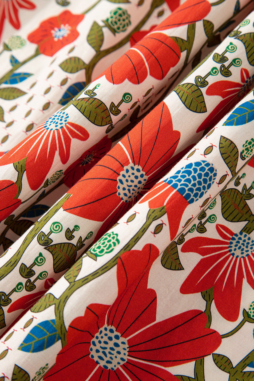 Red Floral Print Ricrac Trim V Neck 3/4 Sleeve Loose Mini Dress