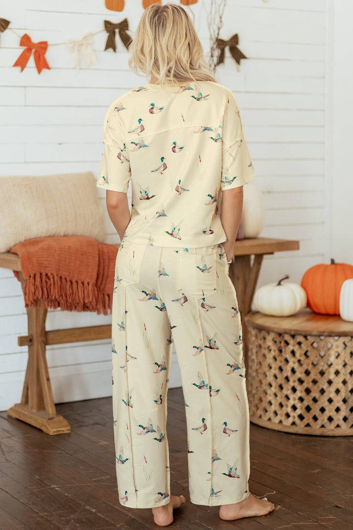 Beige Duck Print Short Sleeve Top Pocket Pants 2pcs Casual Set