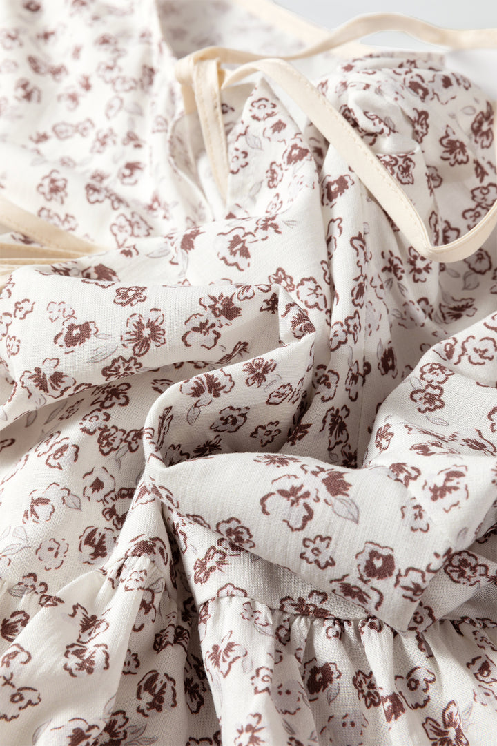 White Bow Tie Front Floral Print Flounce Sleeve Peplum Blouse