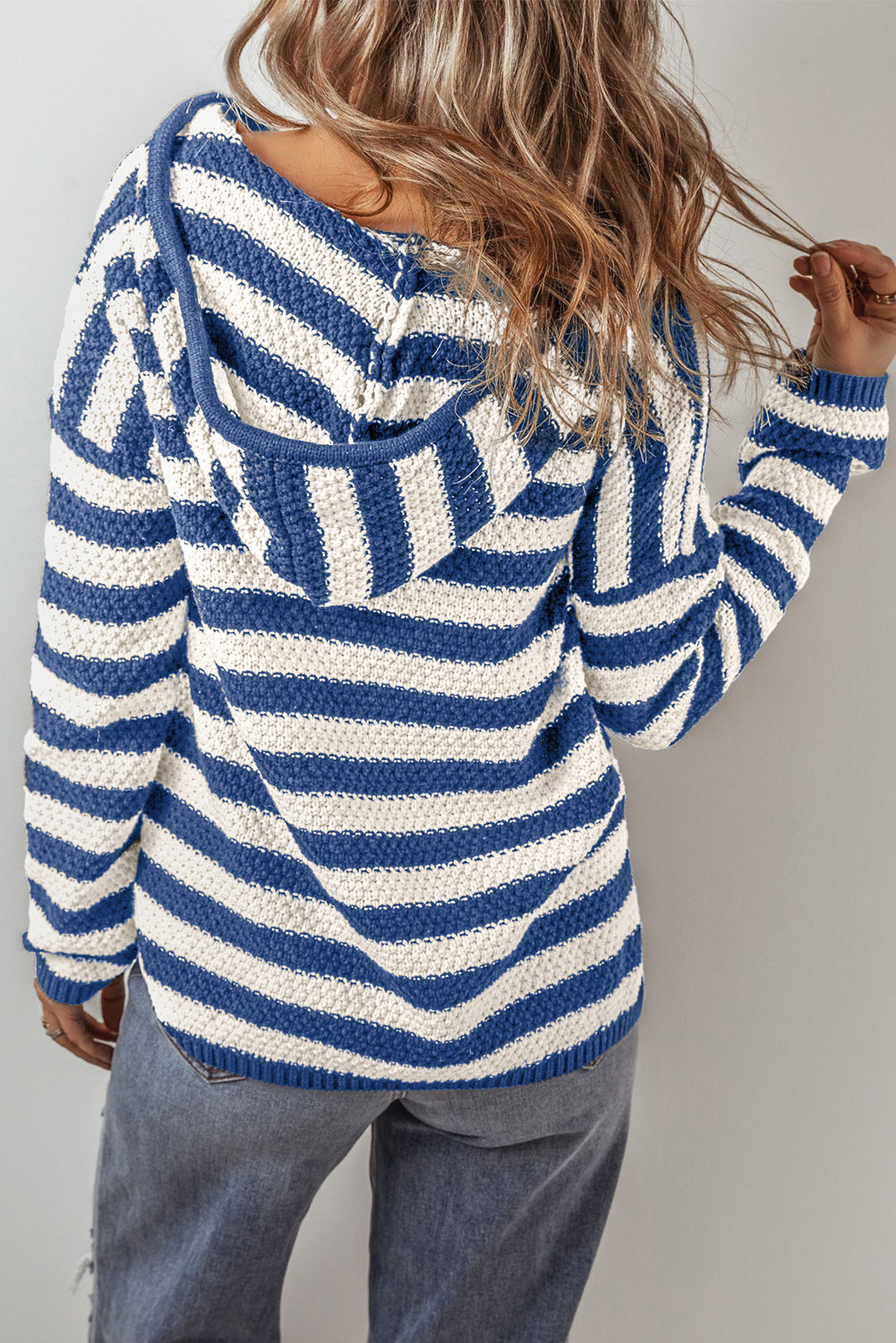 Blue Stripe V Neck Pocketed Drawstring Hooded Sweater