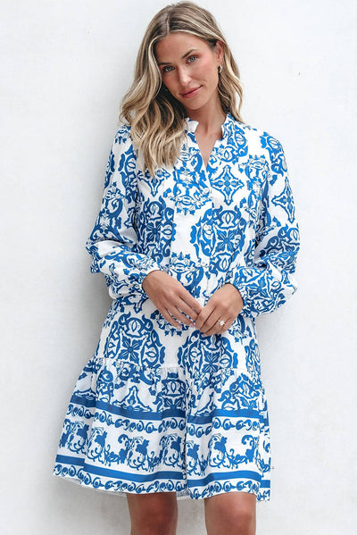 Sky Blue Tribal Print Button Up Notch Neck Loose Mini Dress