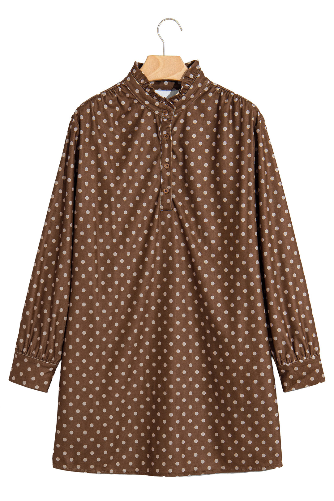 Brown Polka Dot V Neck Long Sleeve Button Shift Dress