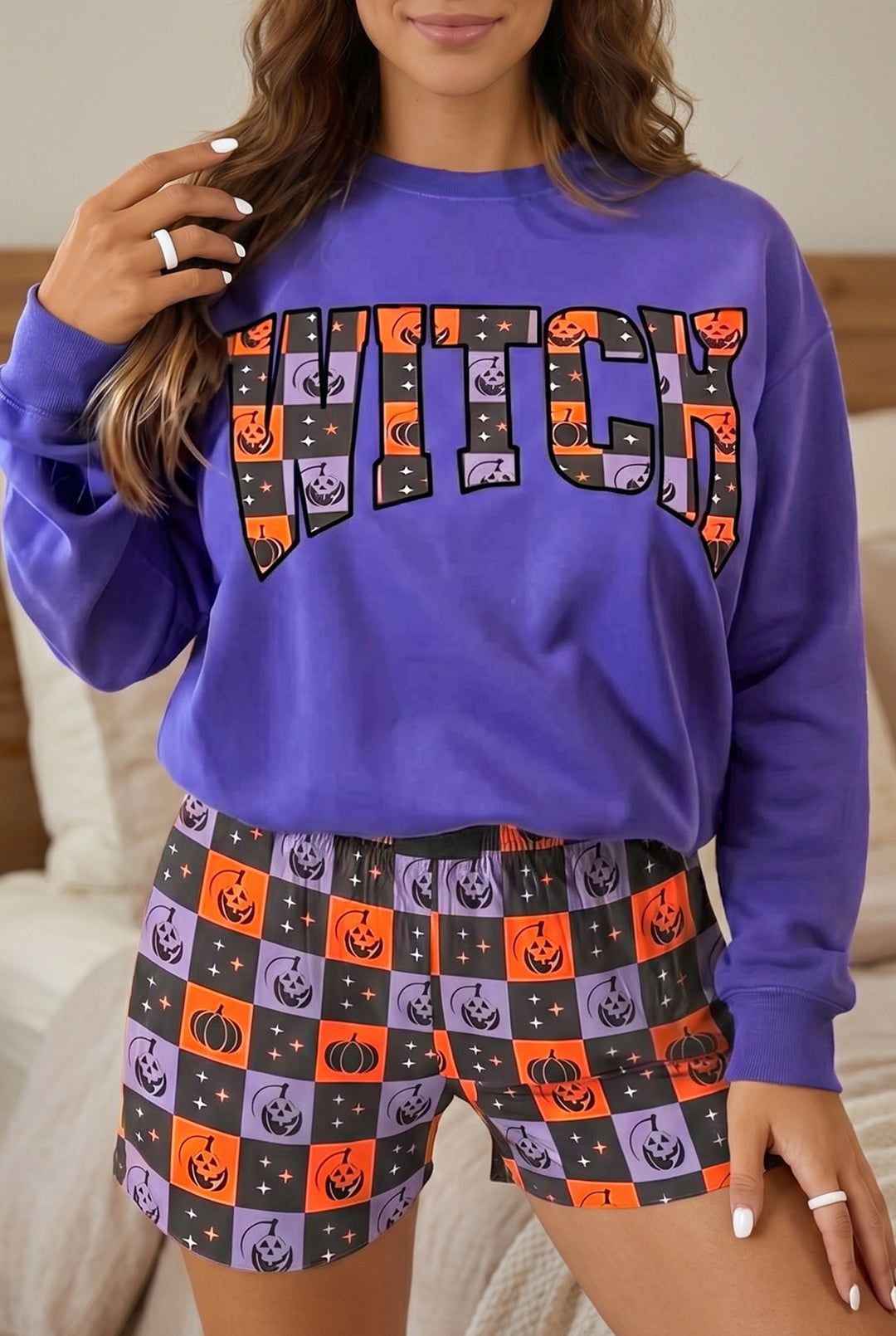Orange Witch Letter Print Long Sleeve Top Checkered Elastic Waist Shorts Set