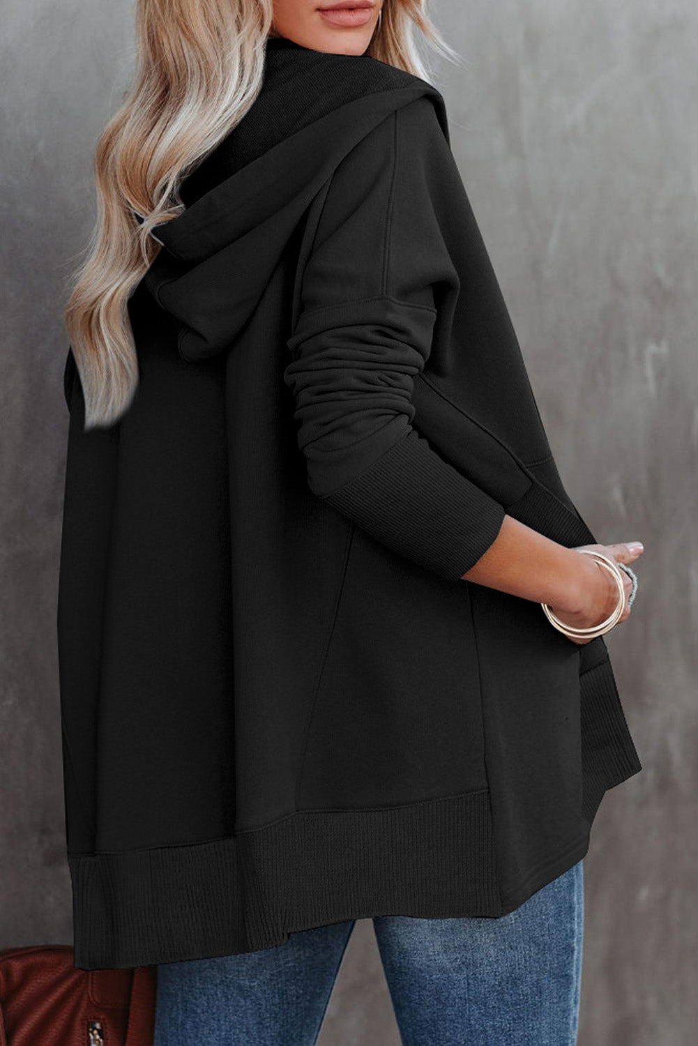 Black Batwing Sleeve Pocketed Henley Hoodie