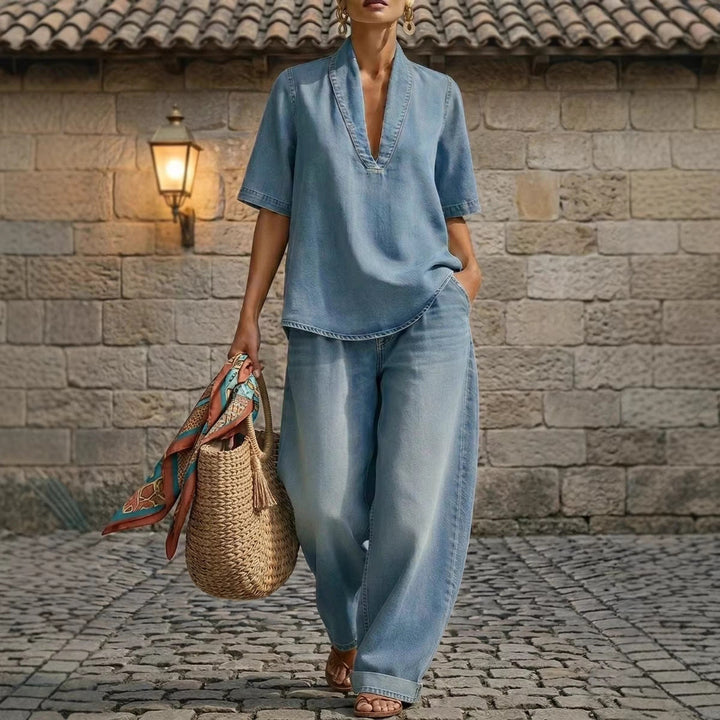 Retro V-Neck Washed Denim Top &amp; Wide-Leg Pants Set – 3 Colors, S–3XL