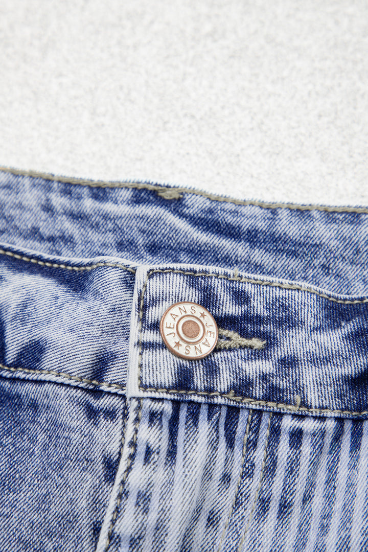 Sky Blue Striped Paisley Mixed Patchwork Raw Hem Denim Shorts