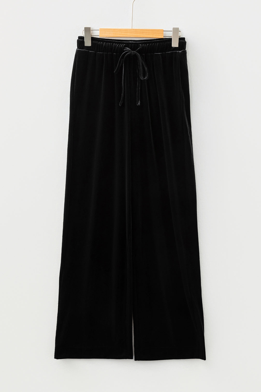 Black Shiny Velvet Drawstring High Waist Straight Leg Casual Pants