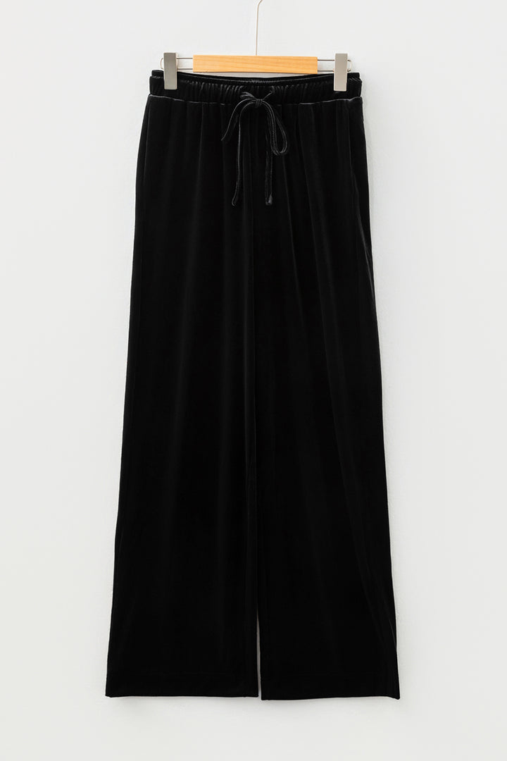 Black Shiny Velvet Drawstring High Waist Straight Leg Casual Pants