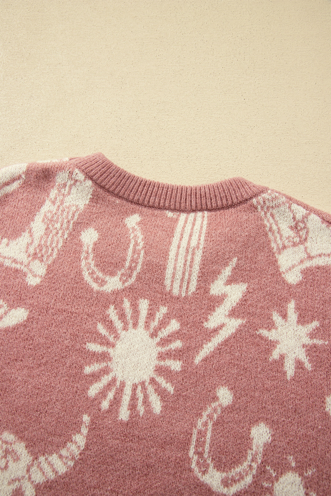 Peach Blossom Western Print Drop Shoulder Round Neck Long Sleeve Sweater