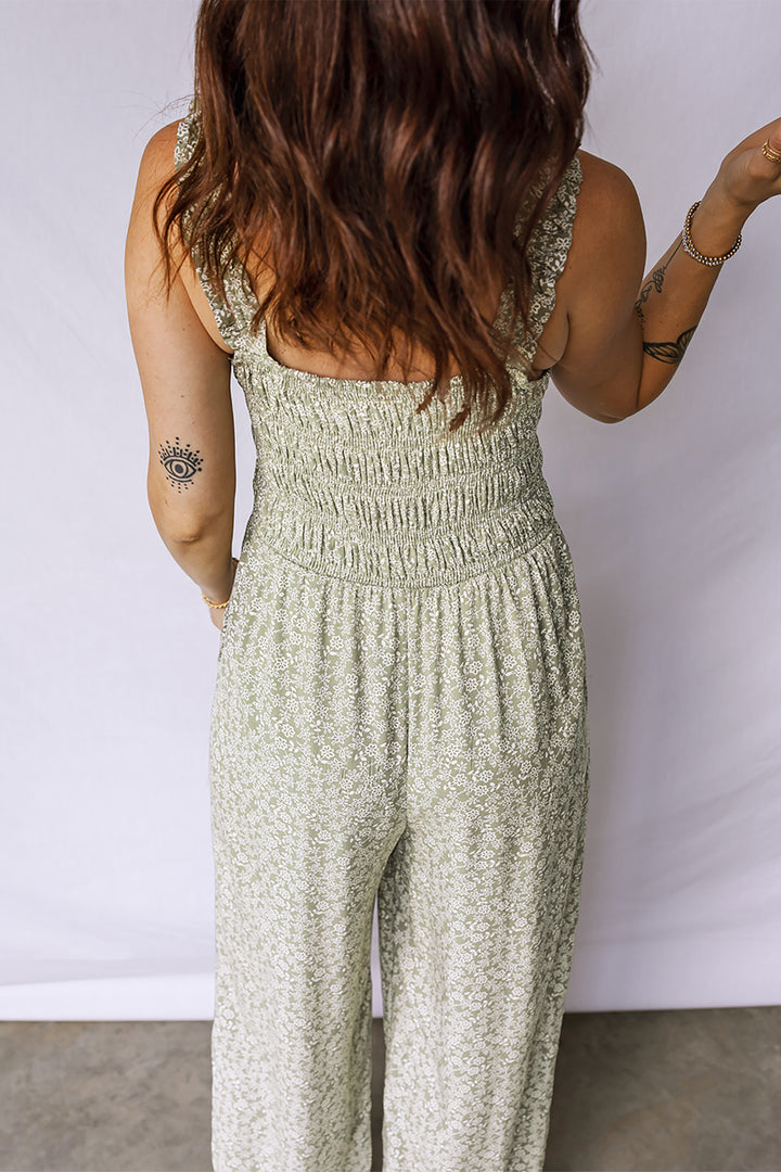Green Smocked Bodice Square Neck Sleeveless Floral Jumpsuit