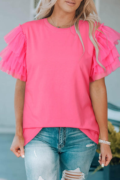 Pink Tulle Ruffle Sleeve Blouse