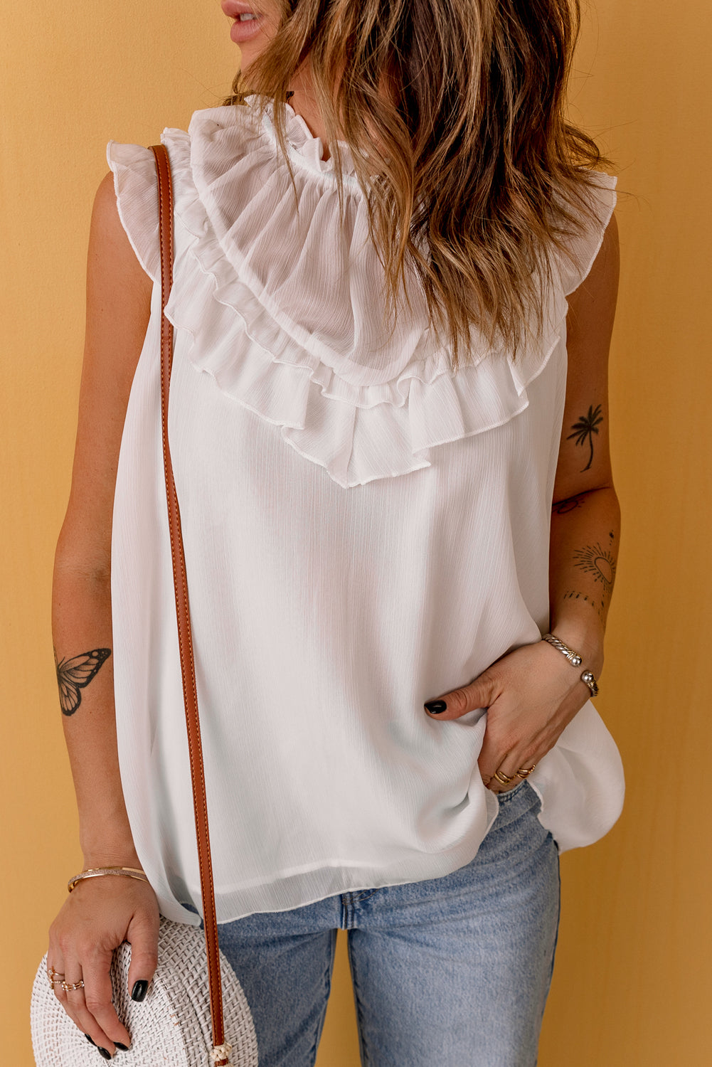 White Frilled Detail Tulle Tank Top