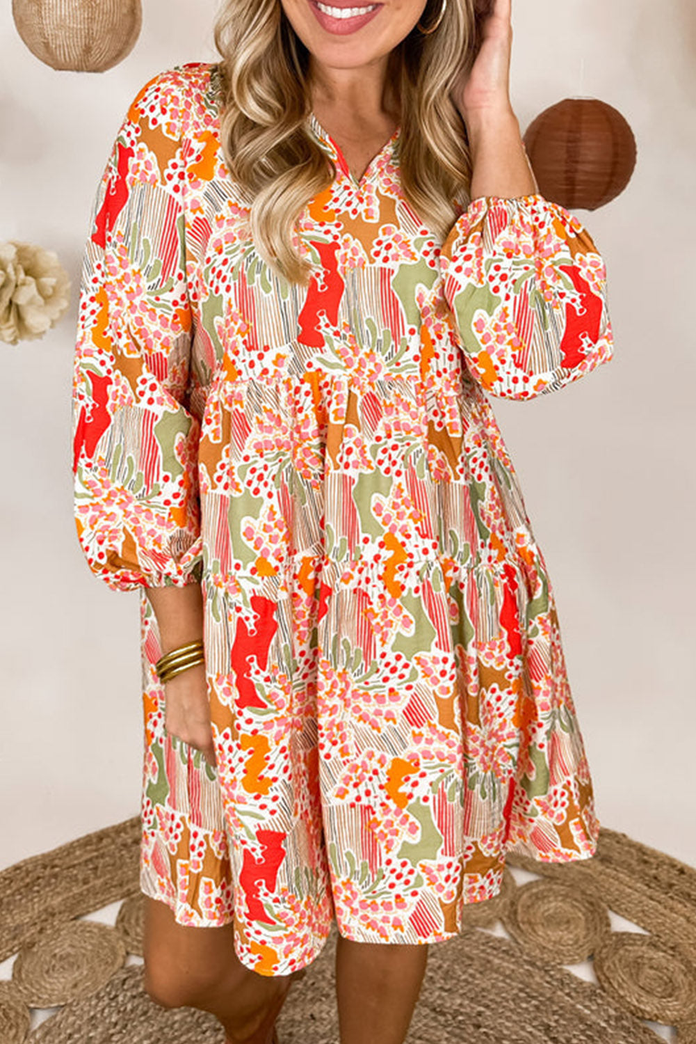 Multicolour Split Neck Puff Sleeve Flowy Printed Dress