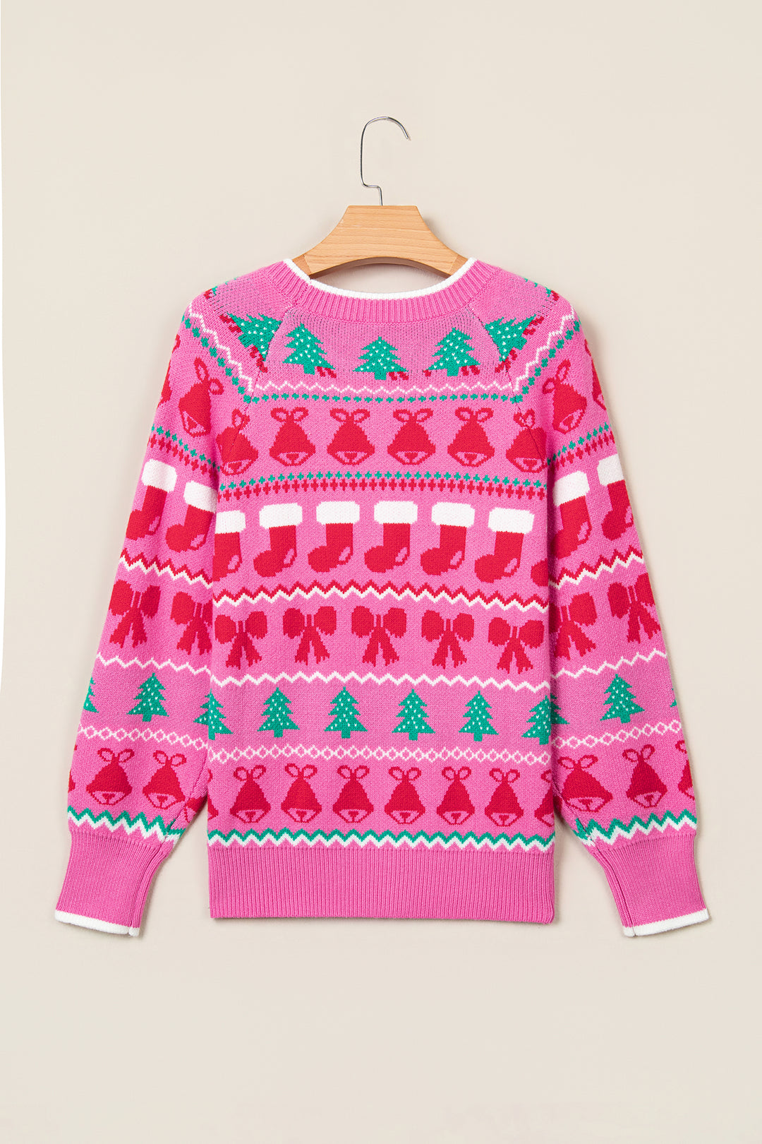 Pink Christmas Holiday Graphic Round Neck Knit Sweater