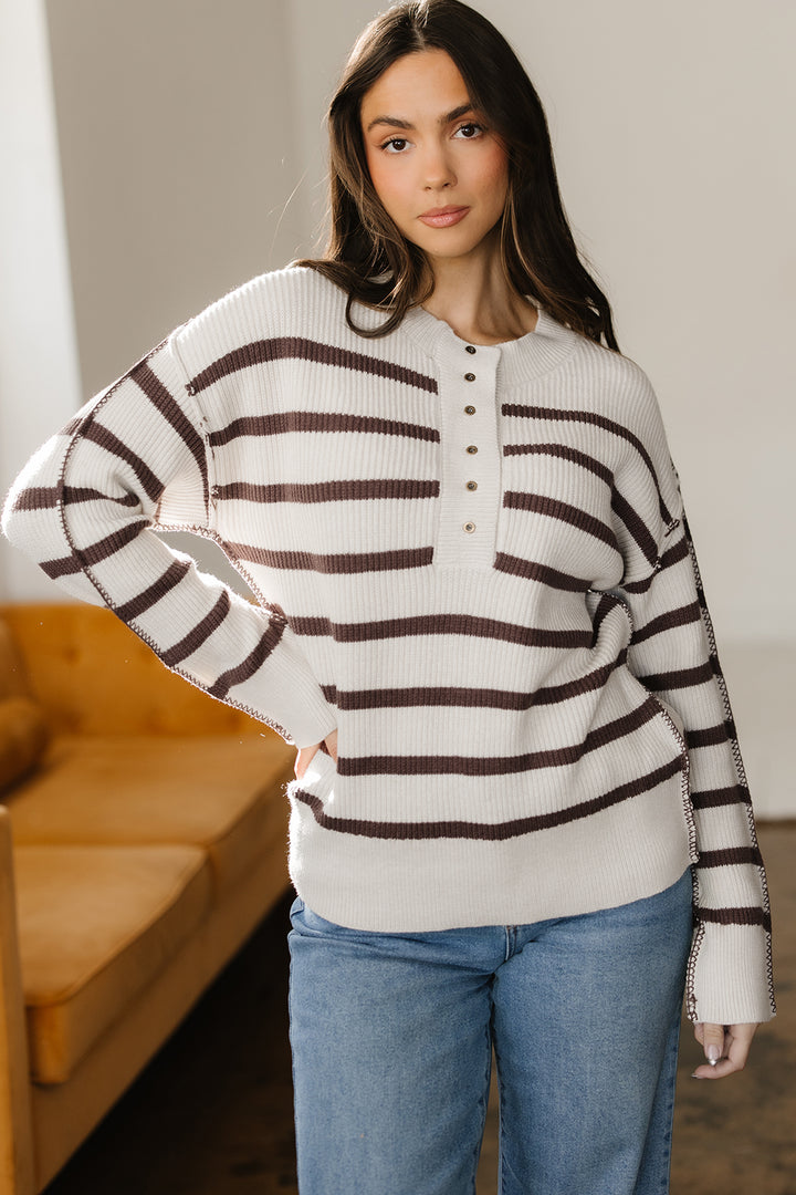 Brown Stripe Ribbed Henley Drop Shoulder Slouchy Sweater