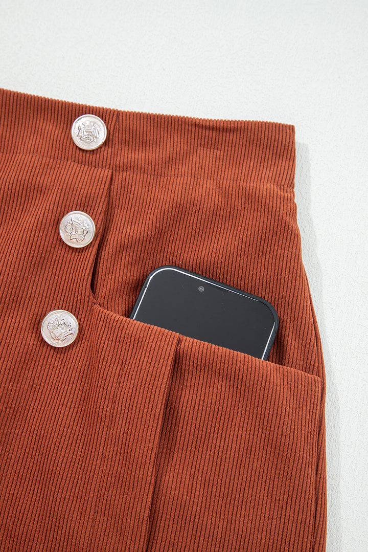 Clay Button Decor Scalloped Edge High Waist Corduroy Shorts