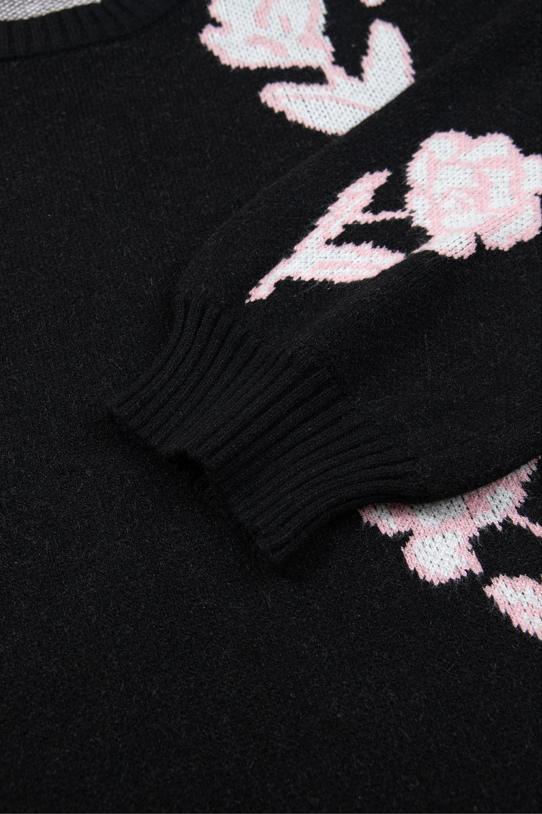 Black Floral Pattern Puff Sleeve Dropped Shoulder Pullover Sweater
