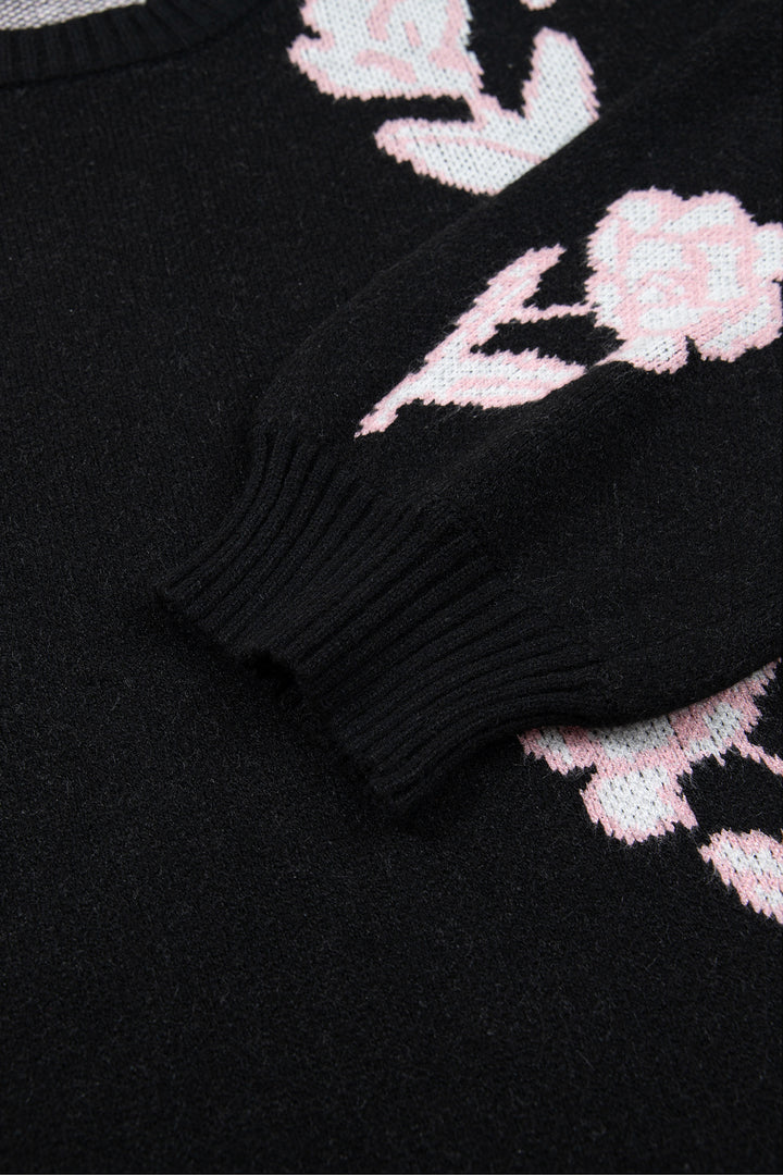 Black Floral Pattern Puff Sleeve Dropped Shoulder Pullover Sweater