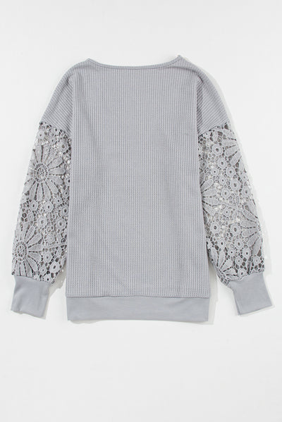 Gray Lace Splicing V Neck Puff Sleeve Top