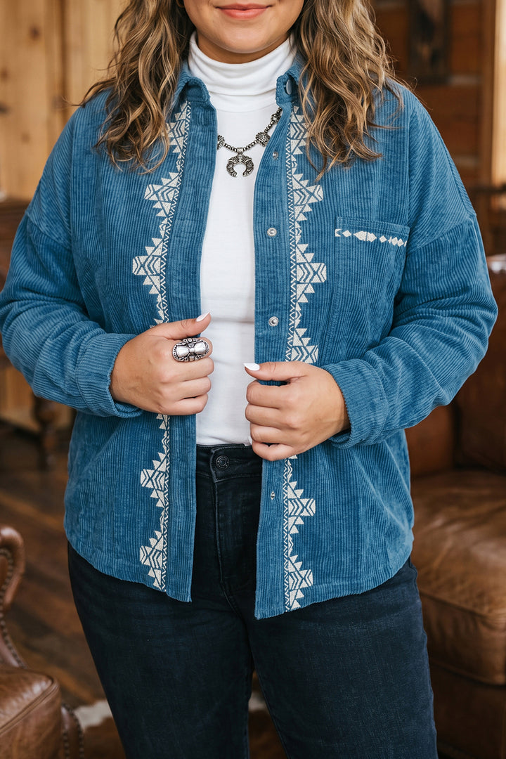 Blue Embroidered Corduroy V-Neck Long Sleeve Plus Size Shirt