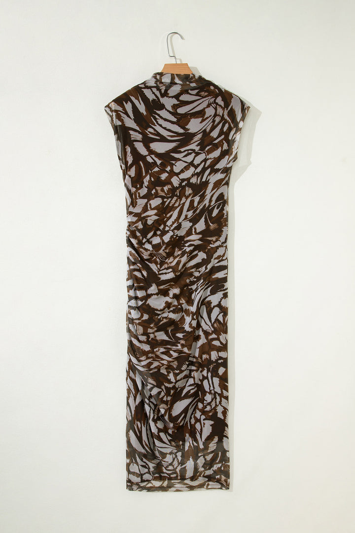Brown Abstract Print Mesh Cowl Neck Cap Sleeve Ruched Midi Dress with Slit