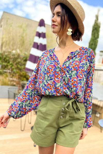 Multicolor Floral Balloon Sleeve Loose Blouse