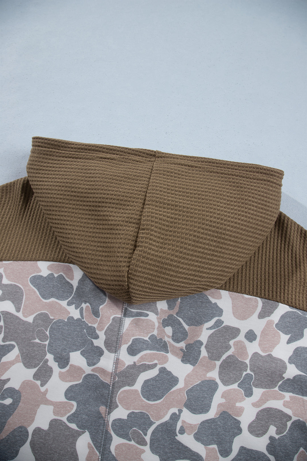 Khaki Camouflage Print Waffle Knit Patchwork Half Zip Plus Size Hoodie