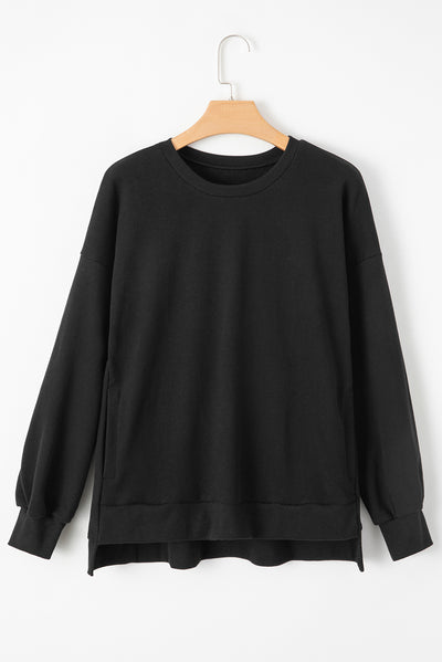 Black Solid Fleece Lined Drop Shoulder High Low Sweatshirt