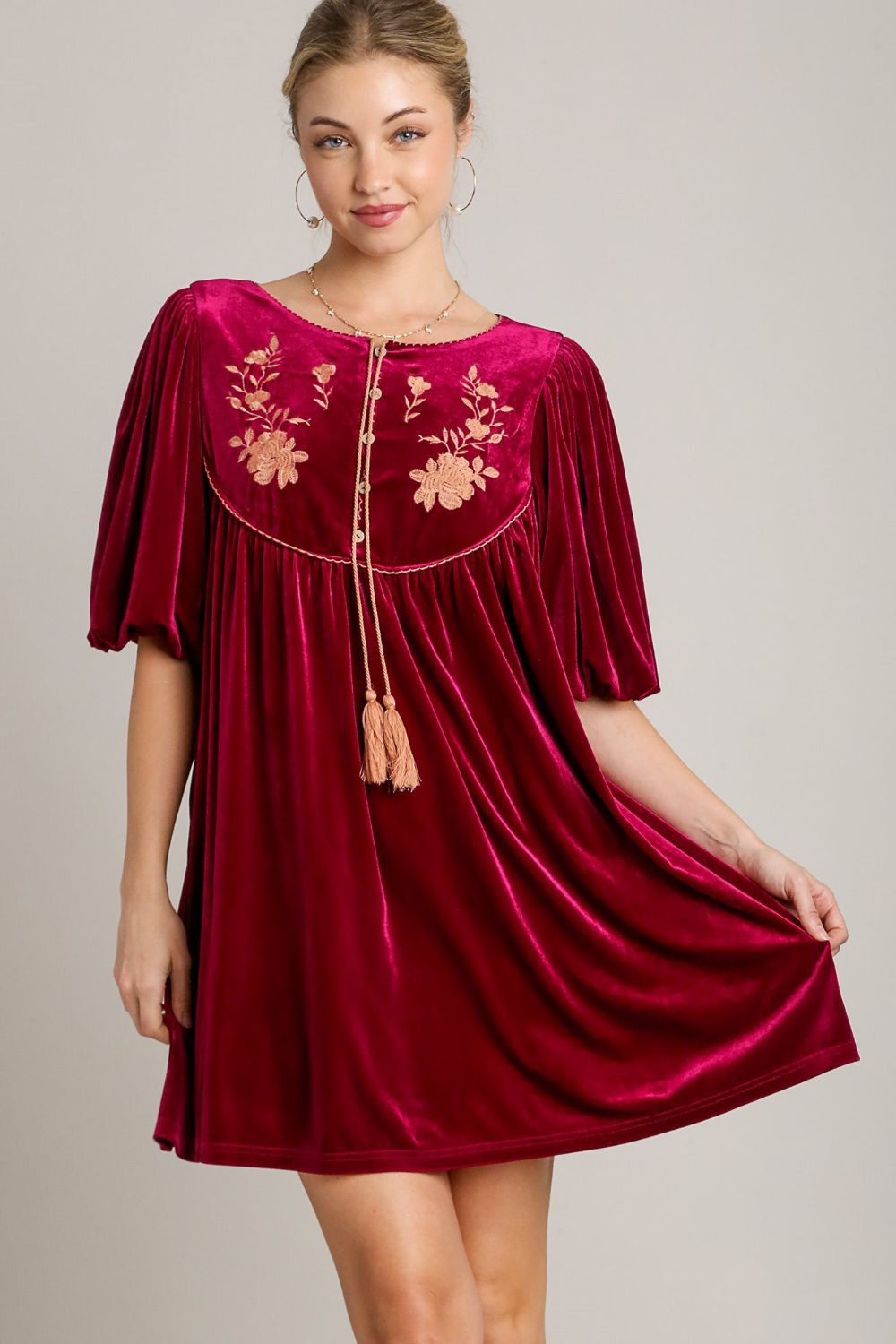 Umgee Embroidered Half Sleeve Velvet Mini Dress with Tassel