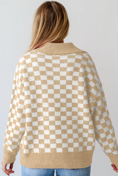 Apricot Checkered Buttons Collar V Neck Drop Shoulder Sweater