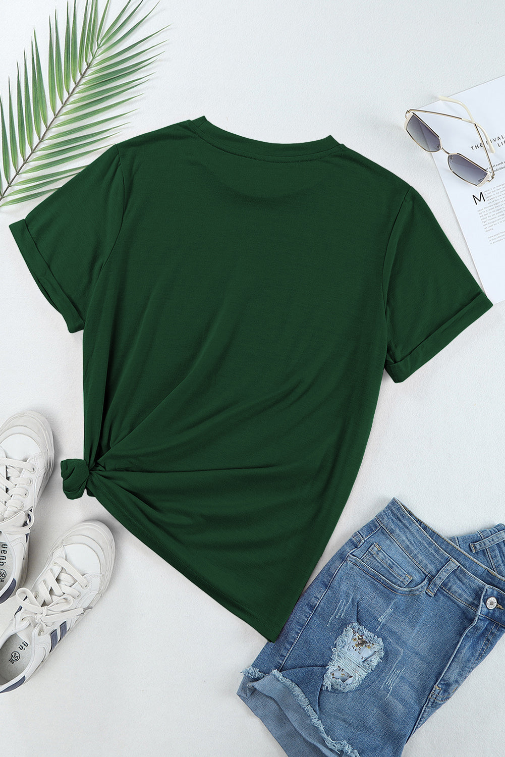 Green Casual Plain Crew Neck Tee