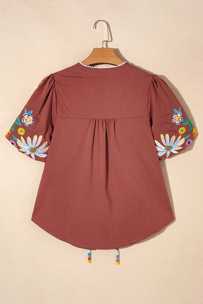 Mineral Red Floral Embroidered Puff Sleeve Split Neck Blouse