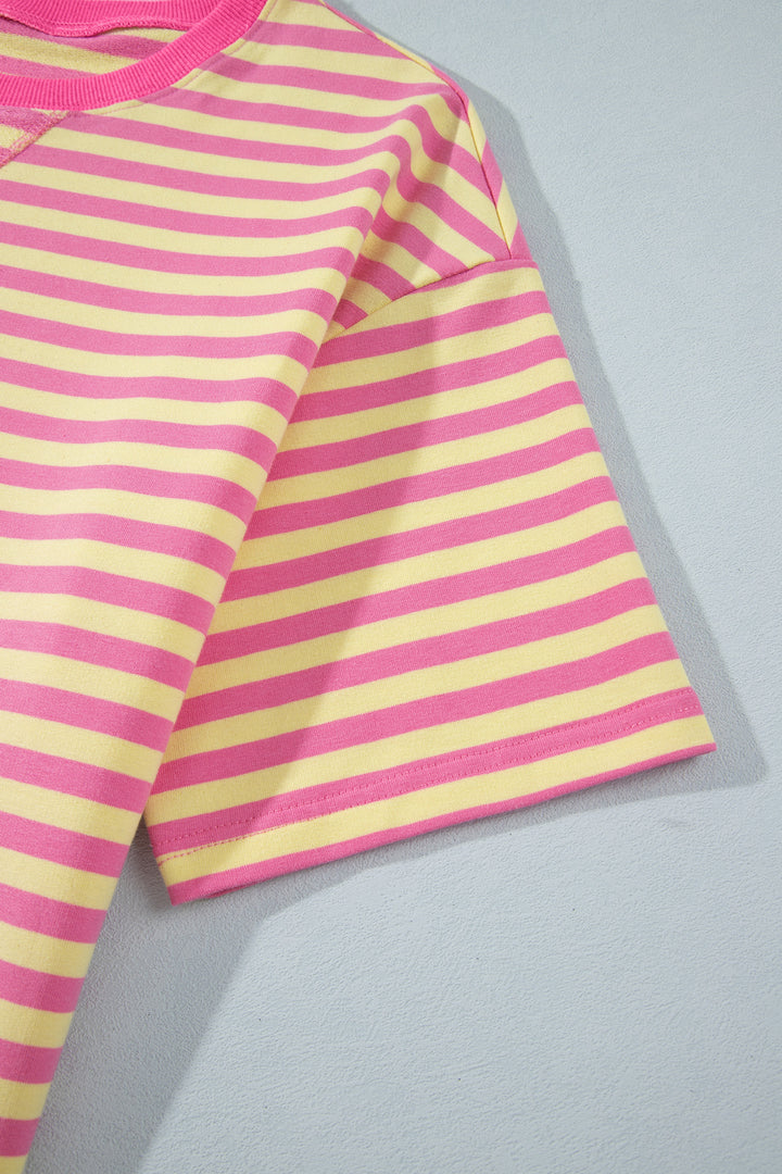 Pink Stripe Colorblock Trim Crew Neck Loose Tee Drawstring Elastic Waist 2pcs Pant Set