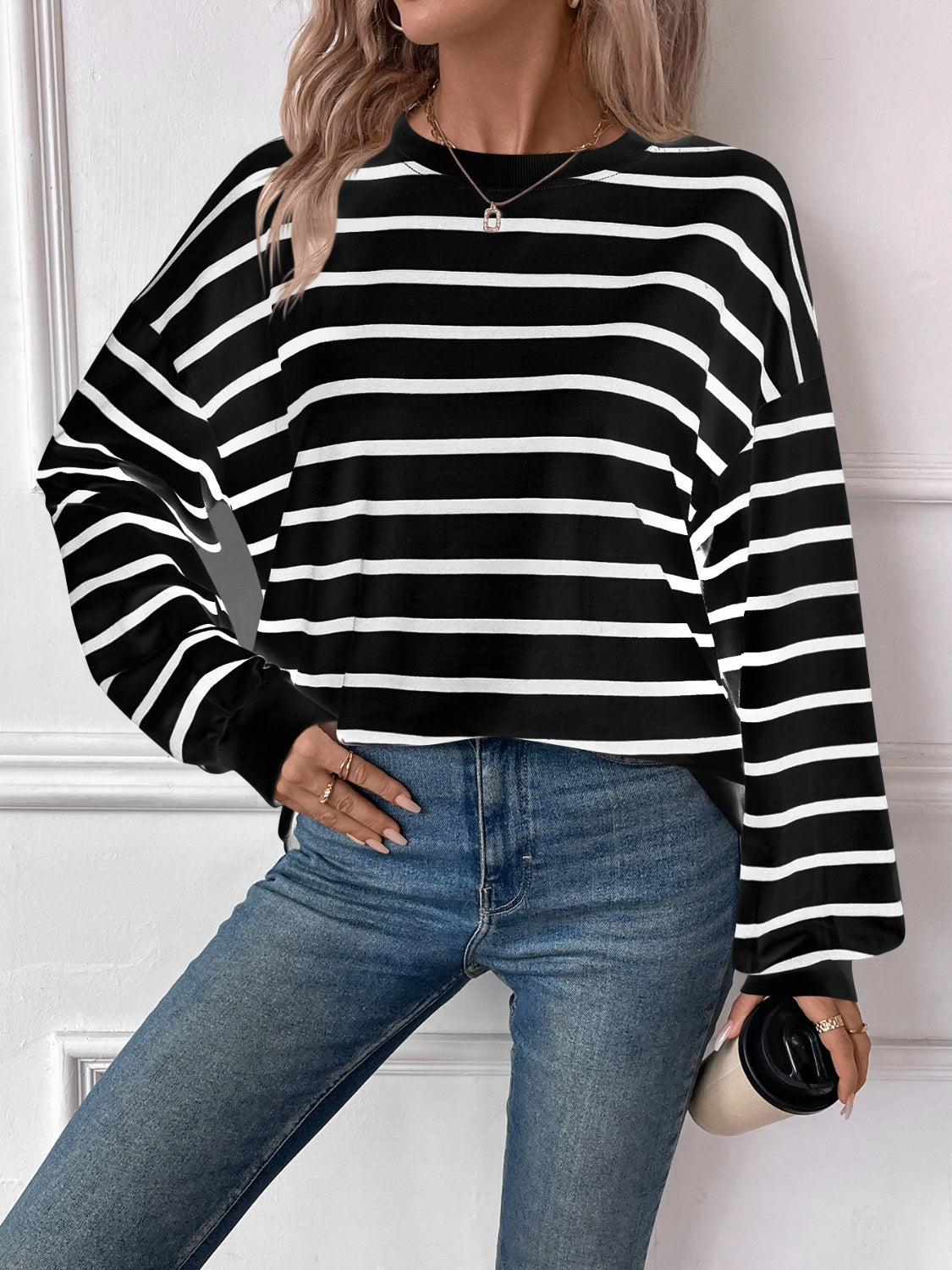 Lovelet Striped Round Neck Long Sleeve Sweatshirt