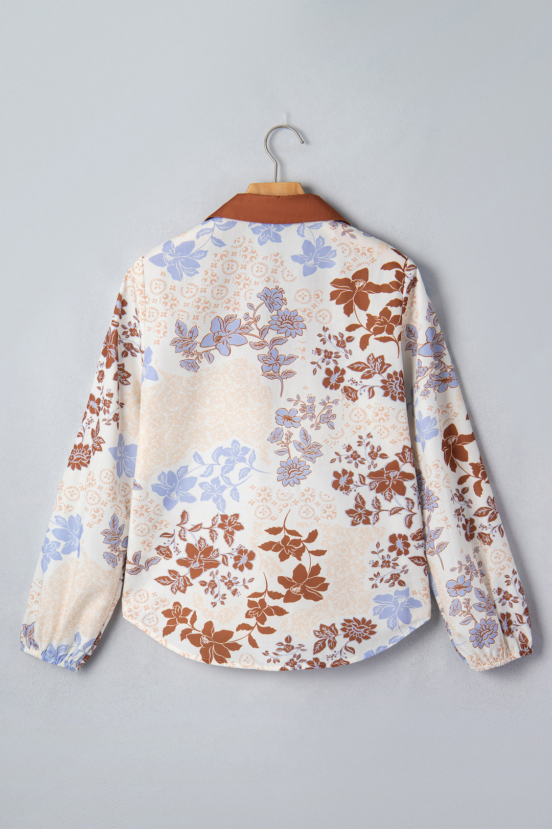 White Plus Size Floral Print Contrast Collar V Neck Long Sleeve Blouse