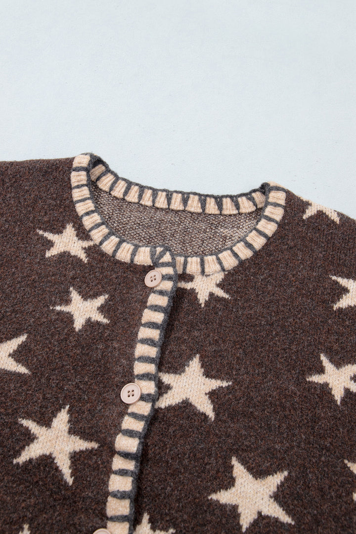 Brown Stars Pattern Colorblock Long Sleeve Shift Cardigan