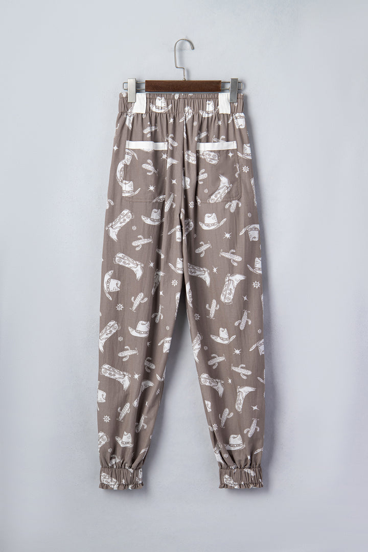 Khaki Western Cactus Cowgirl Hat Boot Printed Vintage Drawstring Jogger Pants