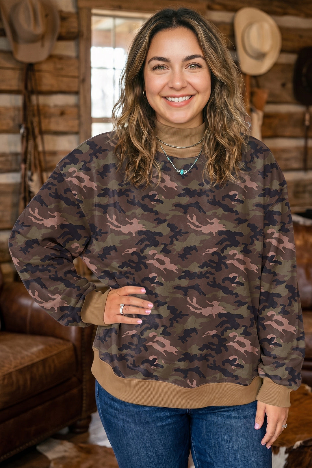Green Camouflage Print High Neck Long Sleeve Oversized Shift Silhouette Tunic Length Plus Size Sweatshirt