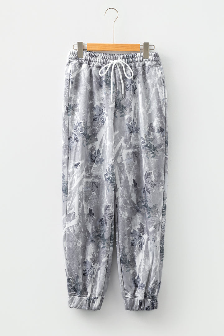 Gray Camo Print Cozy Drawstring Elastic Waist Jogger Pants