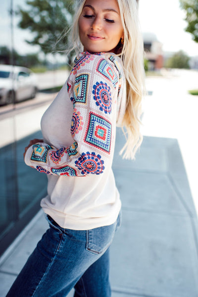 White Geometric Patchwork Raglan Sleeve Henley Hoodie