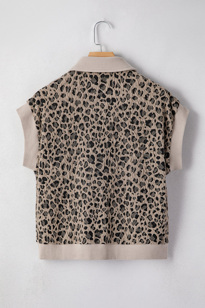 Beige Zip up Collared Leopard Cap Sleeve Top