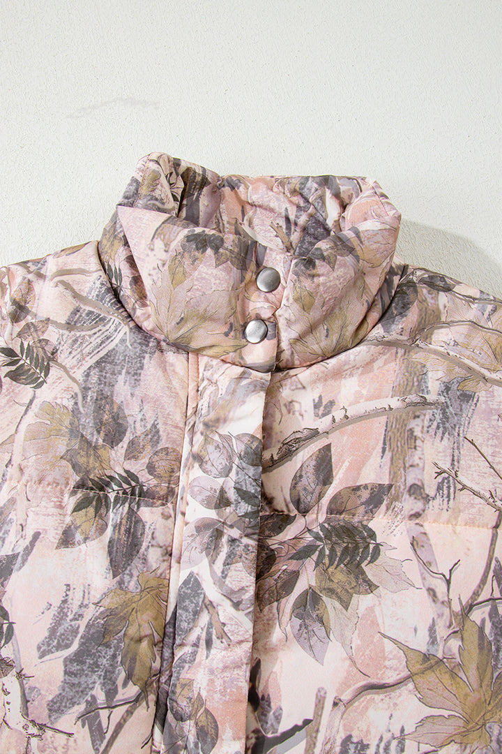 Brown Camo Leaf Print Winter Puffer Vest