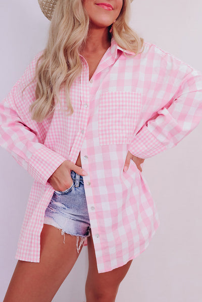 Pink Mix Checked Patchwork Long Sleeve Shirt