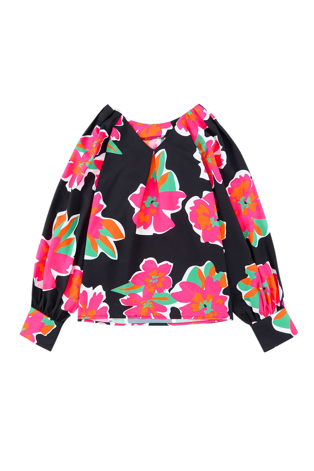 Black Flower Print Puff Sleeve Blouse